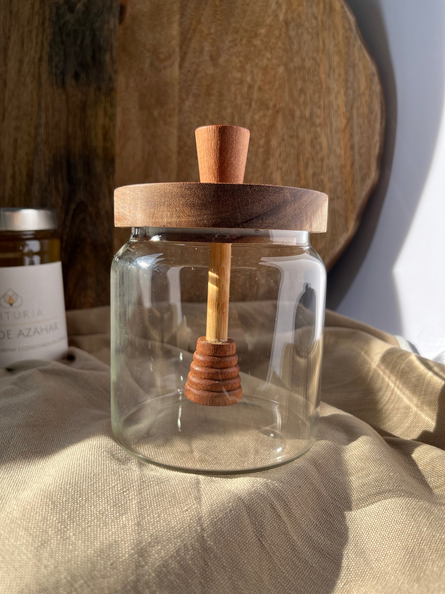 Mielera de cristal y madera